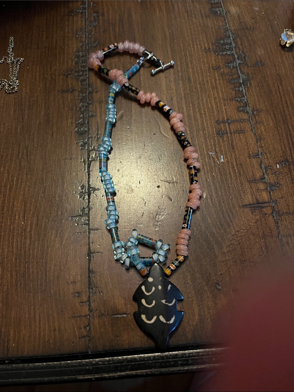 Handcrafted Beaded Necklace with Blue and Pink Accents 1855